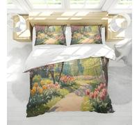 Rustic Garden Duvet Cover Sets Blooming Tulips Floral Path Design Soft Breathable 3 Pieces Bedding Set with Zipper Closure 2 Pillow Shams Queen