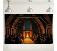 Rustic Gathering Wall Backdrop, Cozy Firelight Scene Decorative Background, Vintage Indoor/Outdoor Photography Setting for Events, Autumn Seasonal Party Supplies 71x43 Inch