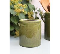 Rustic Green Glazed Pot with Handles, Small Green Vase Planter, Utensil Storage Jar 15cm, Ceramic Round Jar, Kitchen Utensils Pot