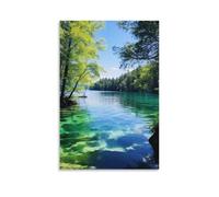 Rustic Green Lake Canvas Wall Art, Natural Water Forest Landscape Picture Painting on Canvas, Print Poster Decoration Artwork for Home Living Room Bedroom Wall Decor Unframe 16x24inch(40x60cm)