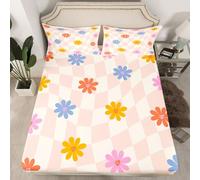 Rustic Groovy Floral Bedding Set for Girls Boys Daisy Flowers Fitted Sheet Light Pink Grid Plaid Bed Cover Room Decor White Pink Orange Sheet Set with 1 Pillowcase,No Top Flat,Single