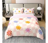 Rustic Groovy Floral Duvet Cover Super King Size 100% Cotton Daisy Flowers Bedding Set Boys Girls Light Pink Grid Plaid Soft Comforter Cover White Pink Orange Kids Bedroom Decor,No Comforter