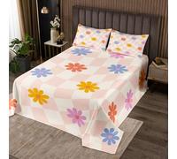 Rustic Groovy Floral Quilt Set for Kids Boys Girls,Daisy Flowers Bedspread,Light Pink Grid Plaid Bed Cover White Pink Orange Bedding Set Decorative Quilted Coverlet,Twin Size