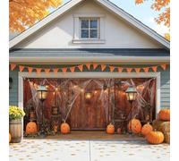 Rustic Halloween Garage Door Cover, Orange Spooky Pumpkin Large Garage Door Decorations, Fall Indoor and Outdoor Halloween Party Background Decor 157x71 Inch