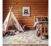 Rustic Hand Drawn Soft Short Pile Carpet 60 x 110 cm with Non-Slip Backing, Wildflowers Butterflies Green Leaves Machine Washable Rug for Bedroom Dining Room Home Office Kitchen, Colourful