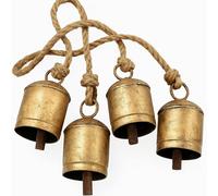 Rustic Hanging Cow Bell Cluster - 4pc Brass Coated Harmony Bells on Jute Rope, Shabby Chic Farmhouse Christmas & Wedding Decoration Gift (4 Inch, Gold Finish)