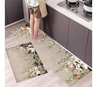 Rustic Hanging Orchid Kitchen Rugs Non Skid Washable Mats Set of 2 PCS, Vintage Oil Painting Absorbent Runner Rugs for Kitchen, Front of Sink,Sink Laundry, 40x60cm+40x120cm Beige Gray