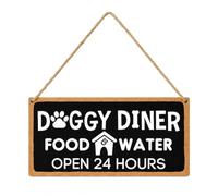 Rustic Hanging Wood Sign For Puppy Home, Doggy Dinner Food Water Open 24 Hours, Dog House Decor Wall Hanging Plaque with Rope, Front Door Decor Porch Christmas Wooden Art Gift For Pet Lover -01