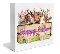 Rustic Happy Easter Farm Animals Wooden Sign Farmhouse Easter Desk Decorations Home Shelf Decor 5x5 Inch