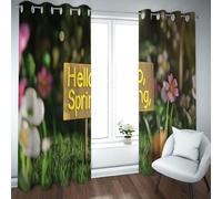 Rustic Hello Spring Blackout Curtains Vintage Wooden Sign Floral Grassland Window Drapes Boho Living Room Thermal Insulated Curtains 2 Panels (each W52xL84in)