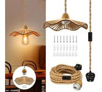 Rustic Hemp Rope Hanging Lamp, 510 CM Vintage Hanging Lights with Switch and Plug, Removable Hand Woven Lampshade, Retro Plug in Pendant Lighting with E27 Bulb Holder, Boho Lamp Kit for Indoor Decor