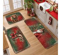 Rustic Highland Cow and Santa Claus Holiday Decor Kitchen Rugs Sets of 3 | Western Cowboy Boots, Rugs For Kitchen Floor, Festive Evergreen Boughs, Snowy Farmhouse Atmosphere, Cabin Aesthetic