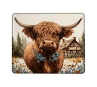 Rustic Highland Cow Desk Mouse Pad, Brown Floral Animal Design Stitched Edge Mousepad, Rubber Non-Slip Washable Gaming Mouse Pad for Home and Office Square 9.4"x7.9"