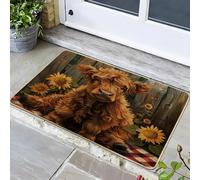 Rustic Highland Cow Doormat, Yellow Sunflowers Spring Door Mat for Outdoor & Indoor Entrance Farmhouse Decor, Rubber Waterproof Non-Slip Dust Absorbent Front Doormat, Easy Clean 29x17 Inch