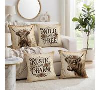 Rustic Highland Cow Farmhouse Quote Throw Pillow Covers 20x20 Set of 4 | Highland Cow Portraits, Throw Pillow Cases, Floral Royal Accents, Farmhouse Typography, Rustic Western Decor