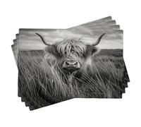 rustic highland cow placemats set of 4, longhorn cow table mats for dining table, farmhouse non-slip washable animal decorative placemats 18x12 inch