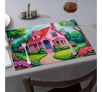 Rustic Home Decor A Charming Pink Cottage Surrounded by Vibrant Flowers Dining Place Mats Western Party Decorations Premium Kitchen & Dining(1PCS)
