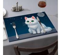 Rustic Home Decor A Fluffy White Cat With Green Eyes Sits On A Rooftop Under A Starry Night Sky Dining Place Mats Table Runner Easter Table Decorations(4PCS)