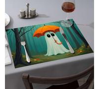 Rustic Home Decor A Friendly Ghost Holding An Orange Umbrella In The Rain Dining Place Mats Table Runner Easter Table Decorations(4PCS)