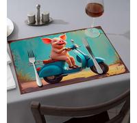 Rustic Home Decor A Happy Pig Rides A Blue Scooter Dining Place Mats Table Runner Easter Table Decorations(6PCS)