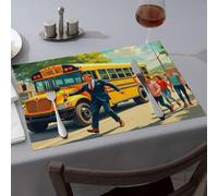 Rustic Home Decor A Man In A Suit Runs Alongside A School Bus With Children Chasing After Him. Dining Place Mats Western Party Decorations Premium Kitchen & Dining(4PCS)