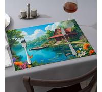 Rustic Home Decor A Serene Lakeside Cottage Surrounded by Vibrant Flowers Dining Place Mats Comedor Heat Resistant Mats for Countertop(4PCS)