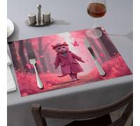 Rustic Home Decor A Whimsical Pink Cat In A Trench Coat Walks Through A Dreamy Dining Place Mats Easter Placemats Western Party Decorations(1PCS)