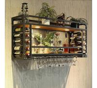 Rustic Industrial Hanging Wine Rack with LED Light - 2-Tier Metal Ceiling Glass Holder Floating Bar Shelves for Home Restaurant and Bar Decor (120cm)