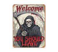 Rustic Inspired 12x16 Inch Metal Wall Plaque Highlighting Halloween Welcome Spooky You Should Leave Farmhouse Inspired Interior Touch For Kitchen Or Dining Area Indoor Home Accent
