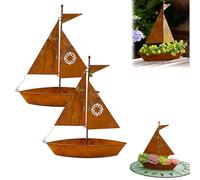 Rustic Iron Sailboat Planter, Vintage Rust Finish Metal Sculpture, 3D Nautical Art Flower Pot, Weather Resistant Decor for Garden Patio Porch Home (2pcs)