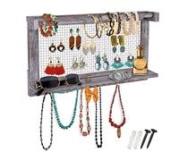 Rustic Jewellery Organizer - Wall Mounted Jewellery Holder Organizer with Removable Bracelet Rod and 16 Hooks - Perfect for Necklaces and Bracelets Holder - Vintage Jewellery Display - Rustic Blue