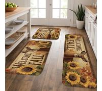 Rustic Kitchen Mats for Floor, Sunflower Pattern Vintage Soft Mats, Cushioned Comfort Washable Non Slip Decor Rugs for Kitchen Sinks Laundry Room Bathroom 3Pcs