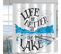Rustic Lakeside Cabin Cottage Shower Curtain, Lake Shower Curtain Blue Life is Better at The Lake Home Decor, Wooden Pier Plants Mountains Sketch Art Fishing Sports Bathroom Accessories 72X72IN