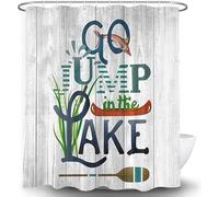 Rustic Lakeside Cabin Shower Curtain, Go Jump in The Lake Relax Words and Fish on Wooden Board Bathtub Curtain,Fabric Country Bathroom Decor, 47X70IN, 12PCS Hooks