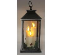 Rustic Large Black & Silver Lantern with 3 LED Flicker Flame Candles 27cm Tall with Handle