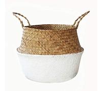 Rustic Laundry Basket Foldable with Handle, Hand Woven Straw Seagrass Flower Basket with Handle for Plant Flower Pot Toy Laundry Storage Organiser Beach Bag Primary Colour & White Storage Basket