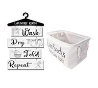 Rustic Laundry Room Decor Set - White Lost Socks Basket and Wall Hanging Sign Decor with Wash, Dry, Fold, Repeat Symbols, Farmhouse Laundry Room Accessories