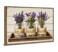 Rustic Lavender Wall Art Framed Bathroom Wall Decor Purple Lavender Daisy Flower Butterfly Canvas Picture Vintage Farmhouse Relax Soak Unwind Sign Painting Modern Artwork Bathtub Home Decoration 12x16
