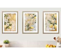 Rustic Lemons Abstract Set of 3 Unframed Wall Poster Prints, Lemon Tree Flowers, Textured Walls, Kitchen Lounge Bedroom Bathroom Home Decor, Yellow Green Gold Effect (A4)