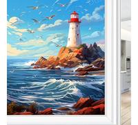 Rustic Lighthouse Window Privacy Film Watercolor Ocean Coastal Birds Stained Glass Window Film Decorative Window Cling for Home Window&Glass Door, Sun Blocking 45 x 60 cm