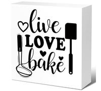 Rustic Live Love Bake Kitchen Sign,Farmhouse Wooden Box Sign Decor for Home Kitchen Shelf Counter Desk Table Decor 5x5 Inch