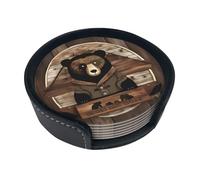Rustic Lodge Bear 6-Piece Coaster Set, Round Coaster Set Suitable For Various Mugs,* For Home Decoration Desktop Protectors.