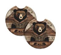 Rustic Lodge Bear Car Coasters, 2-Pack Universal Car Coasters, Waterproof And Non-Slip, #Interior Accessory Pad, 2.7 Inch.