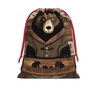 Rustic Lodge Bear Print Holiday Drawstring Bag, Treat Pouch Wrap,Reusable Event Favor,Daily Storage Bag M