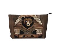 Rustic Lodge Bear Printed Corduroy Cosmetic Bag - Women's Portable Zipper Toiletry Storage Bag, Black, One Size