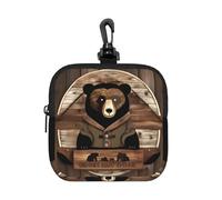 Rustic Lodge Bear Small Zip Pouch-Waterproof Neoprene Storage Bag for Earbuds, Keychain Clip Case for Coins Cards USB, Travel Organiser