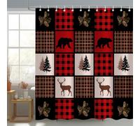 Rustic Lodge Cabin Shower Curtain, Red and Black Plaid Woodland Wildlife Bath Curtain with Black Bear Moose Animal Hunting Farmhouse Bathroom Decor Set with Hooks 72X78IN