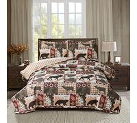 Rustic Lodge Quilt Set King Size Country Cabin Bedspread Coverlet King Moose Bear Reversible Patchwork Quilts Bedding Soft Lightweight Coverlets Forest Bear Farmhouse Bed Cover Sets with 2 Pillow Sham