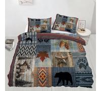 Rustic Lodge Super King Duvet Set Country Bear Elk Deer Wildlife Soft Microfiber Duvet Cover Set Forest Landscape Hunting Theme Bedding Double Bed Set with 2 Pillowcases Quilt Cover Zipper Closure