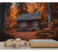Rustic Log Cabin Wallpaper Wooden Cottage in Forest Wallpaper Living Room Birch Tree Wall Murals for Bedroom Kids Room Living Room Mural Poster 350 X 256 cm